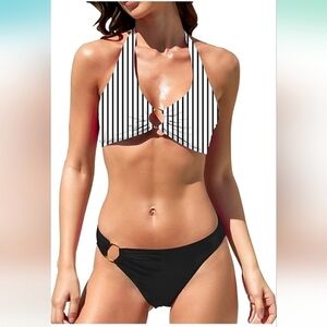 Abenca Women's Black & White Swimsuit Bikini Halter V Neck High Cut Two Piece L